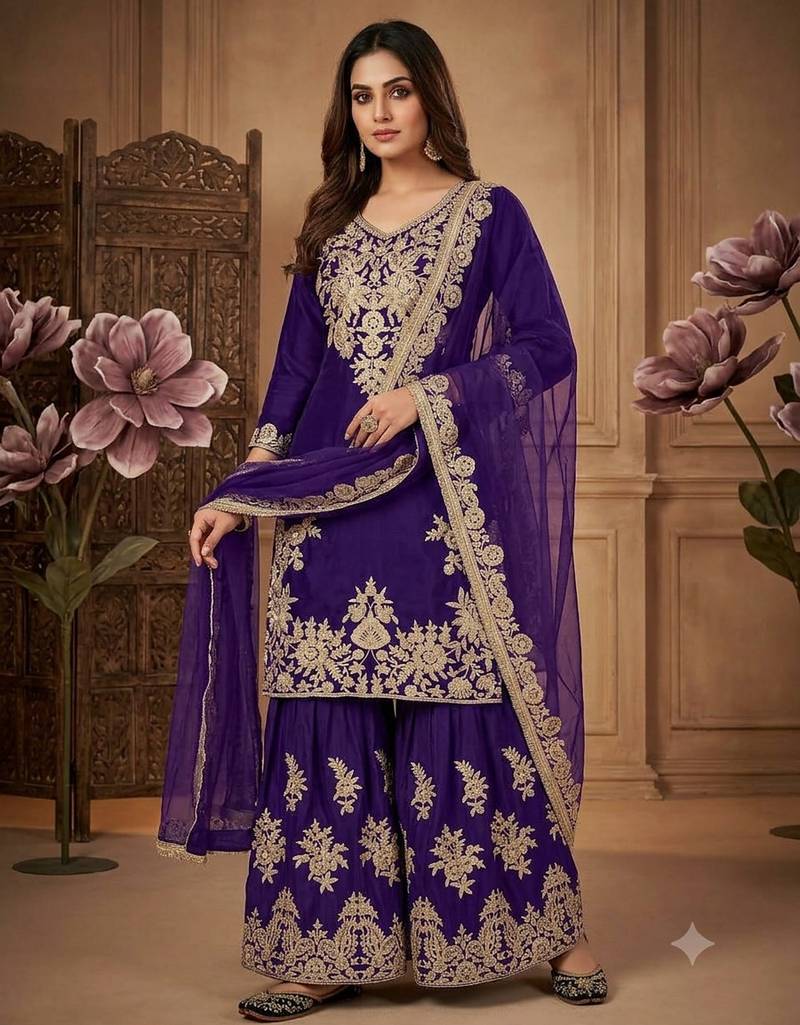 Women ethnic dark royal blue heavy embroidered kurti palazzo suit with dupatta