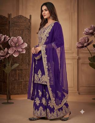Women ethnic dark royal blue heavy embroidered kurti palazzo suit with dupatta 2