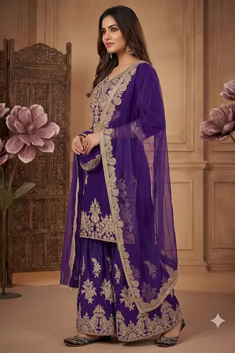 Women ethnic dark royal blue heavy embroidered kurti palazzo suit with dupatta