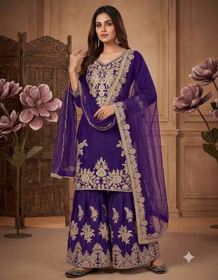 Women ethnic dark royal blue heavy embroidered kurti palazzo suit with dupatta 3