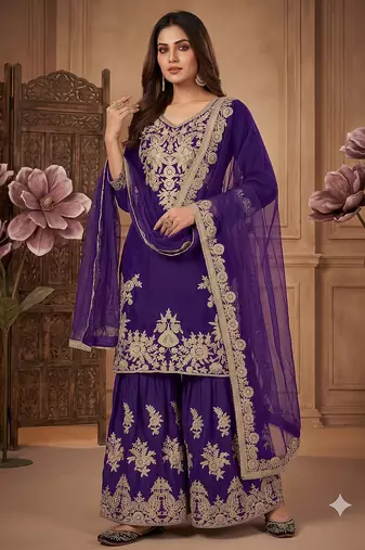 Women ethnic dark royal blue heavy embroidered kurti palazzo suit with dupatta