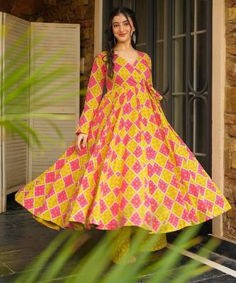 Pink digital printed rayon anarkali kurta with bottom set 1