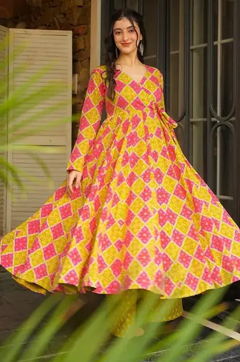 Pink digital printed rayon anarkali kurta with bottom set
