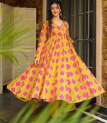 Pink digital printed rayon anarkali kurta with bottom set