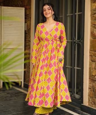 Pink digital printed rayon anarkali kurta with bottom set 2