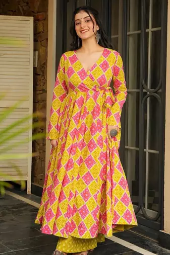 Pink digital printed rayon anarkali kurta with bottom set