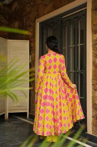 Pink digital printed rayon anarkali kurta with bottom set