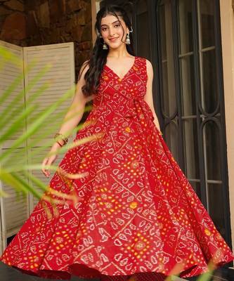 Red digital printed rayon anarkali kurta with bottom set 1