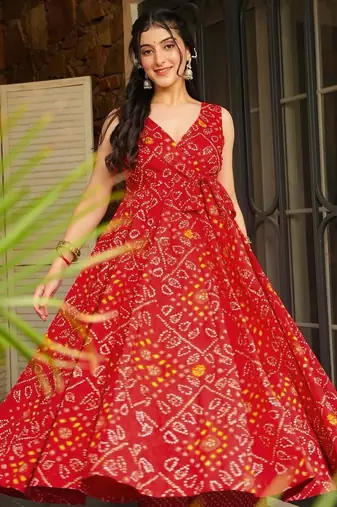 Red digital printed rayon anarkali kurta with bottom set
