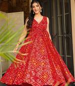 Red digital printed rayon anarkali kurta with bottom set