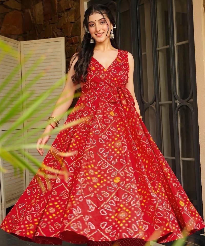 Red digital printed rayon anarkali kurta with bottom set