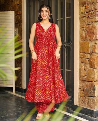 Red digital printed rayon anarkali kurta with bottom set 2