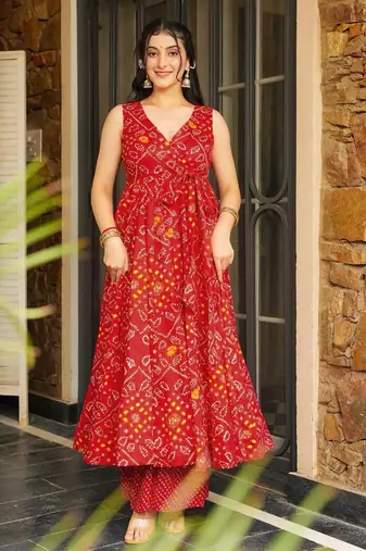 Red digital printed rayon anarkali kurta with bottom set