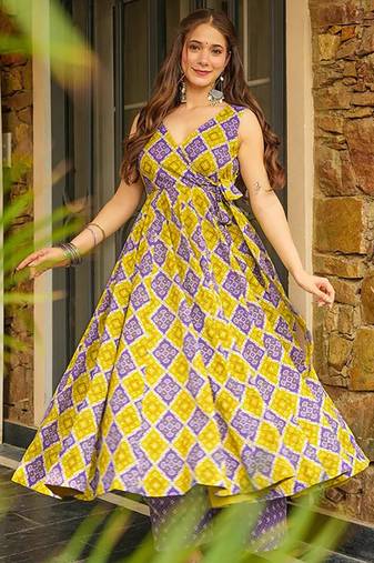 Mehendi digital printed rayon anarkali kurta with bottom set