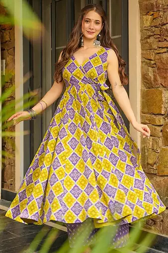 Mehendi digital printed rayon anarkali kurta with bottom set
