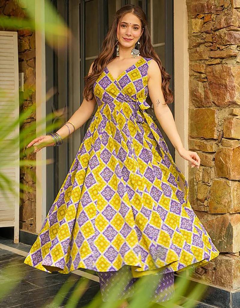 Mehendi digital printed rayon anarkali kurta with bottom set