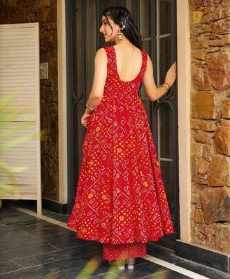 Red digital printed rayon anarkali kurta with bottom set 3