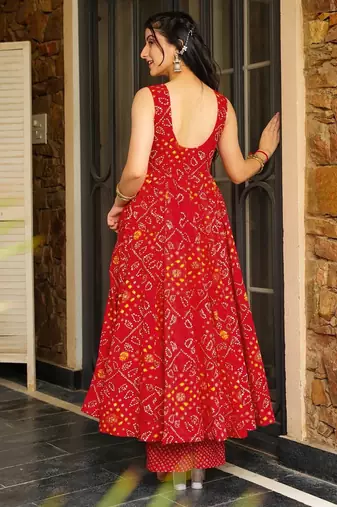 Red digital printed rayon anarkali kurta with bottom set
