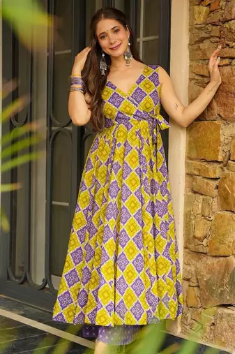 Mehendi digital printed rayon anarkali kurta with bottom set