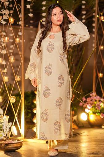 Cream digital printed muslin straight kurta with bottom set