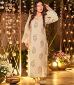 Cream digital printed muslin straight kurta with bottom set
