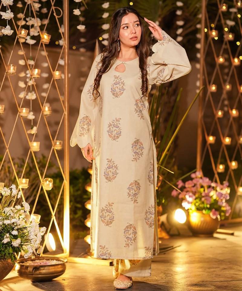Cream digital printed muslin straight kurta with bottom set