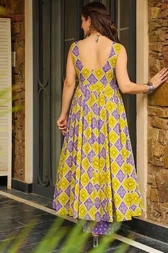 Mehendi digital printed rayon anarkali kurta with bottom set