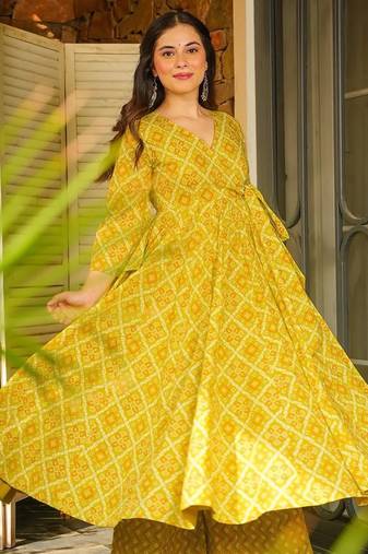 Lime green digital printed rayon anarkali kurta with bottom set