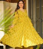 Lime green digital printed rayon anarkali kurta with bottom set
