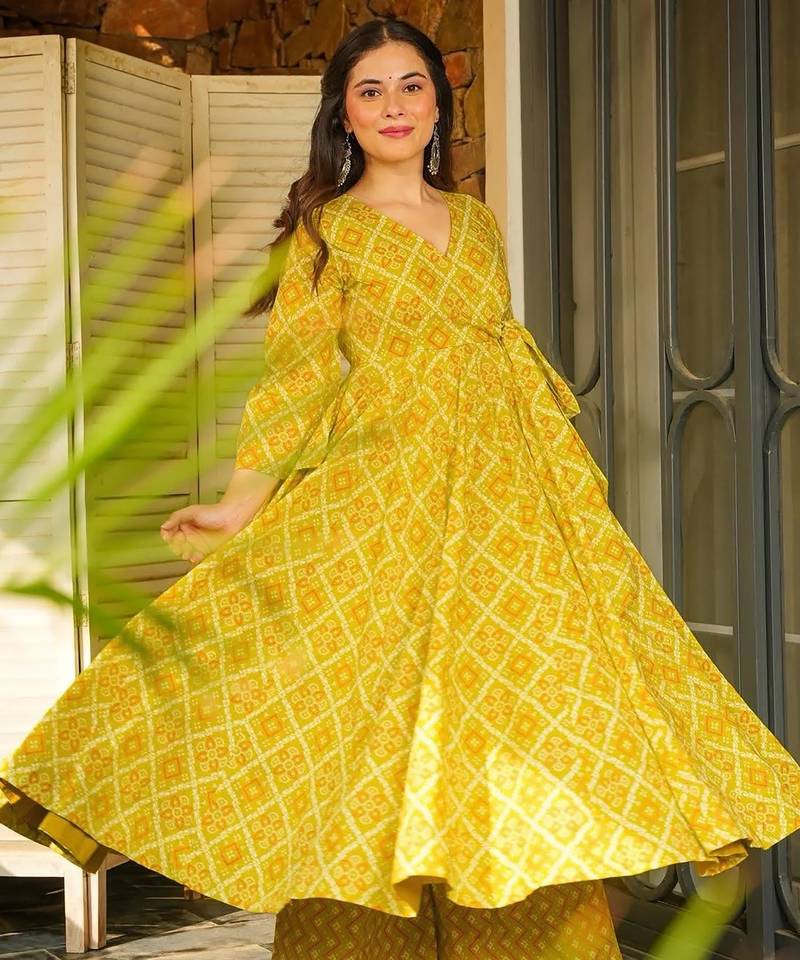 Lime green digital printed rayon anarkali kurta with bottom set