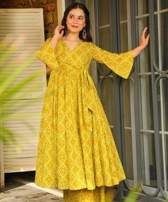 Lime green digital printed rayon anarkali kurta with bottom set 2