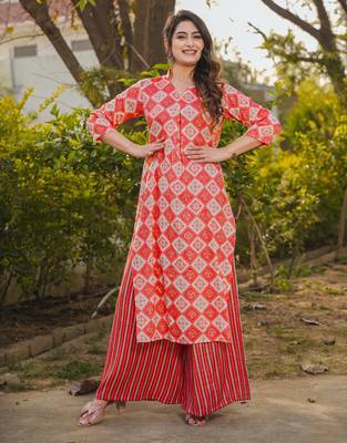 Red digital printed rayon straight kurta with bottom set 1