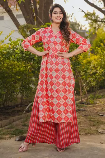 Red digital printed rayon straight kurta with bottom set