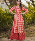 Red digital printed rayon straight kurta with bottom set