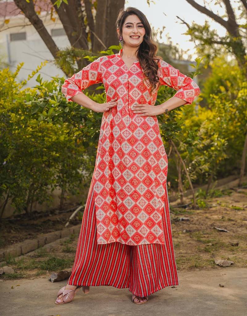 Red digital printed rayon straight kurta with bottom set