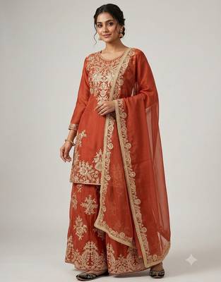 Women ethnic orange heavy embroidered kurti palazzo suit with dupatta 1