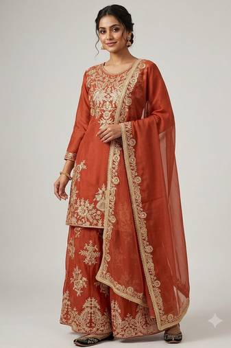 Women ethnic orange heavy embroidered kurti palazzo suit with dupatta