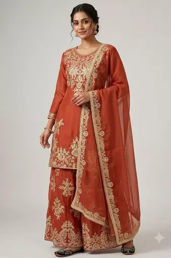 Women ethnic orange heavy embroidered kurti palazzo suit with dupatta