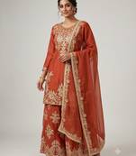 Women ethnic orange heavy embroidered kurti palazzo suit with dupatta