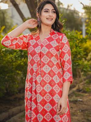 Red digital printed rayon straight kurta with bottom set 2