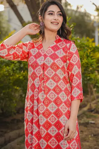Red digital printed rayon straight kurta with bottom set