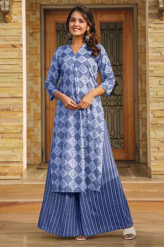 Blue digital printed rayon straight kurta with bottom set