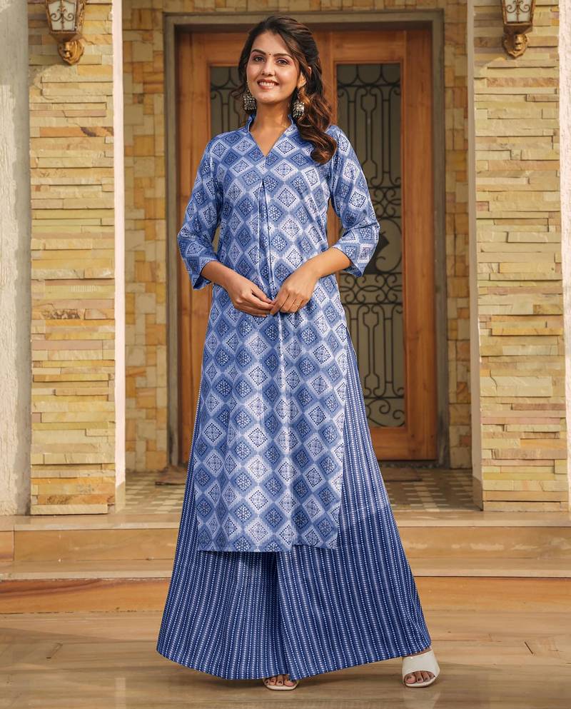 Blue digital printed rayon straight kurta with bottom set