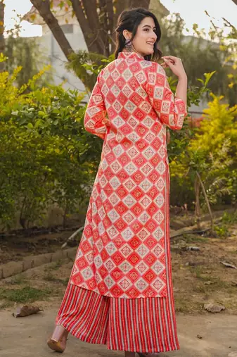 Red digital printed rayon straight kurta with bottom set