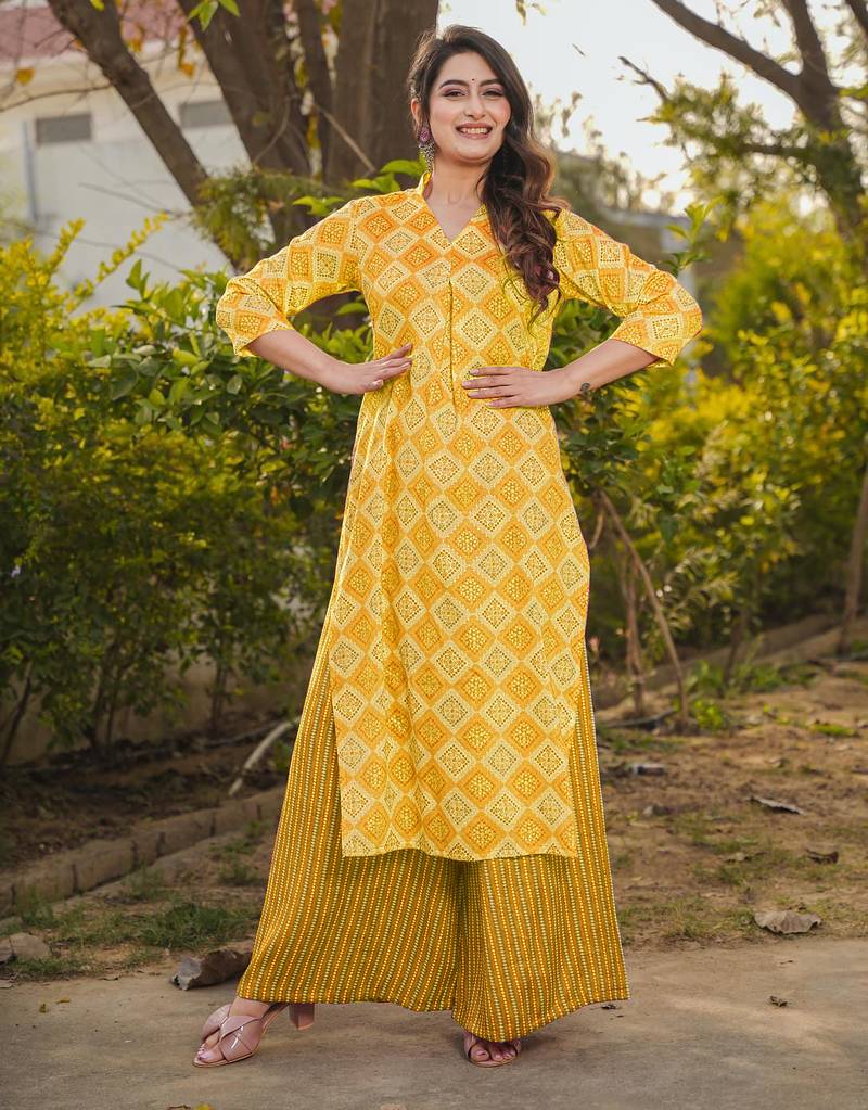 Yellow digital printed rayon straight kurta with bottom set