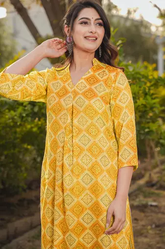 Yellow digital printed rayon straight kurta with bottom set