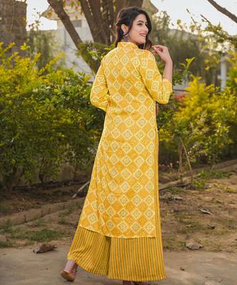 Yellow digital printed rayon straight kurta with bottom set 3