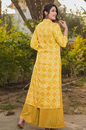 Yellow digital printed rayon straight kurta with bottom set