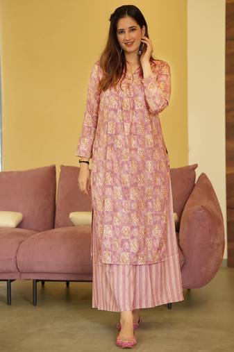 Purple digital printed muslin straight kurta with bottom set