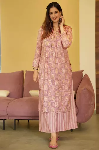 Purple digital printed muslin straight kurta with bottom set